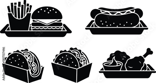 Black silhouette vector set of burger, fries, hot dog, tacos and fried chicken fast food icons