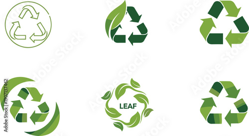 Eco recycling icons set with leaves green arrows sustainability symbols environmental conservation recycle vector illustration