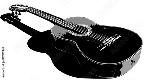 A black and white illustration of an acoustic string instrument, including detail and shadow