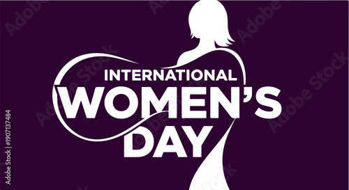 International Womens Day Graphic with Womans Silhouette and Bold White Text on Purple Background