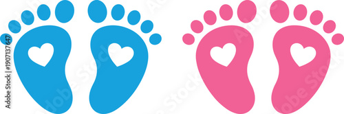 Baby footprints with heart shape vector illustration, blue and pink newborn foot print icons, love infant design
