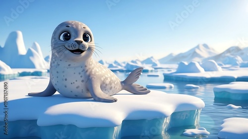 Cute seal on ice floes landscape.