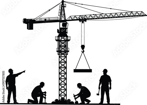 Black silhouette of construction site featuring a tower crane lifting a load with workers and engineers isolated on white background,