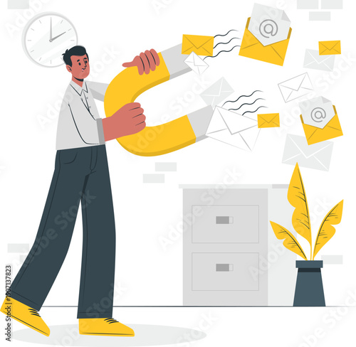 Man using giant yellow magnet to attract envelopes in a modern office environment from a dynamic viewpoint