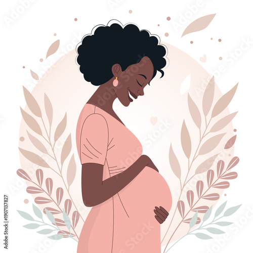 Happy Pregnant Black Woman Holding Her Belly Flat Vector Illustration with Floral Elements