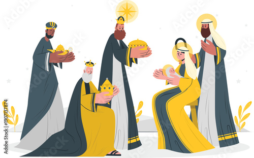 Illustration of the Three Wise Men presenting gifts to the Virgin Mary in a serene and reverent atmosphere