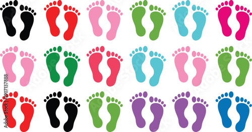 Colorful baby footprints vector pattern illustration, cute newborn foot print icons, playful infant step design set