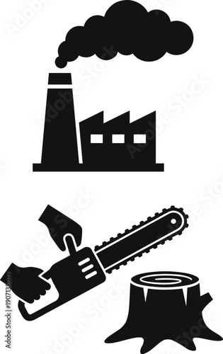 Industrial pollution deforestation icons factory smoke chainsaw tree stump environmental damage silhouette illustration