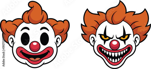 Cute and scary clown face mascot vector illustration set, cartoon circus joker heads, smiling and evil character icons design