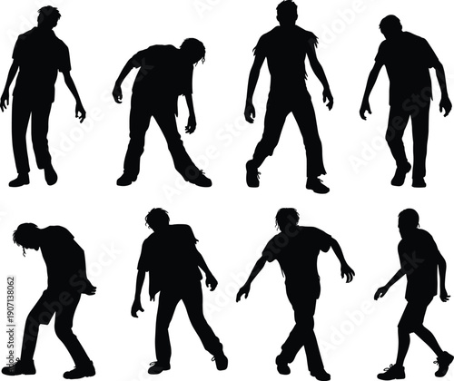 Set of black silhouettes featuring scary male zombies walking and standing in tattered clothes isolated on white background, concept of apocalypse, horror, and Halloween