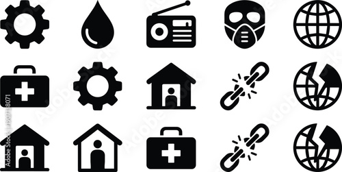 Emergency disaster response icons set black white crisis management safety alert global communication vector