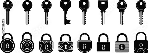 Set of black silhouettes featuring various house keys and padlocks isolated on white background, concept of home security, privacy, safety, protection, and locksmith services