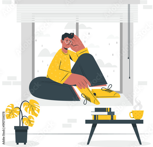 Man sitting on floor by window, relaxing and enjoying a peaceful moment at home with coffee and plants nearby in a cozy atmosphere.