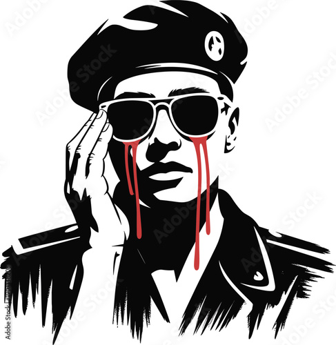 Stylized black and white illustration of person in beret sunglasses jacket, red tears flowing, emotional surreal fashion art concept