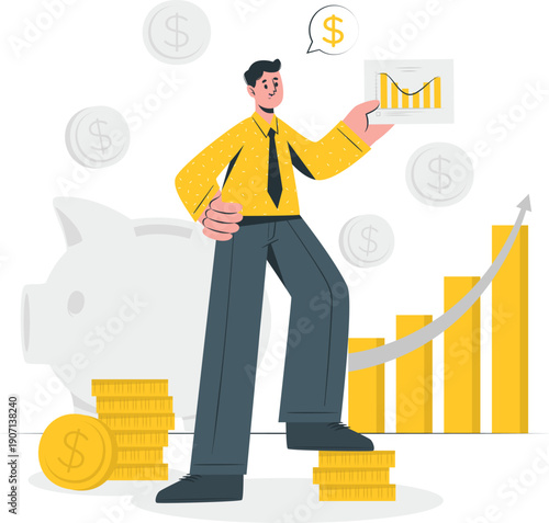 Man analyzing financial growth chart with stacks of gold coins and piggy bank nearby