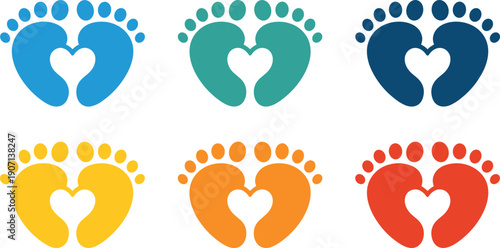Baby footprints heart icons set illustration, colorful vector love symbols for maternity, newborn, pregnancy, family care branding design