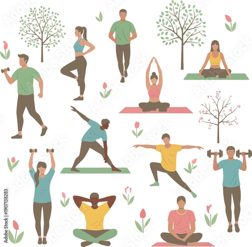 A group of diverse people enjoying a peaceful moment in a lush green park setting, focusing on mindfulness and connecting with nature during a sunny day.