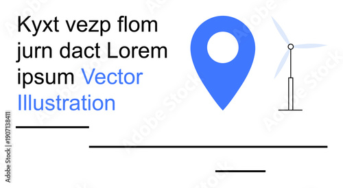 Renewable energy, clean technology, mapping services, sustainability concepts, eco-friendly innovation, geographic data. Blue location pin and wind turbine. Renewable energy and clean technology