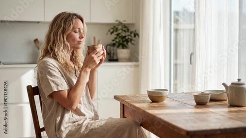 Calm woman sitting at a wooden table in a sunlit kitchen smelling and enjoying a hot beverage during a morning tea ritual