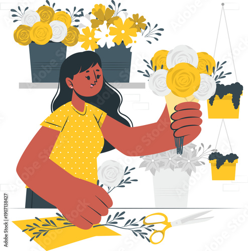 Woman arranging yellow flowers in a flower shop, viewed from the side