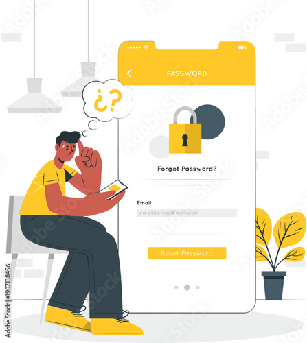 Man pondering password recovery on large smartphone screen with lock icon