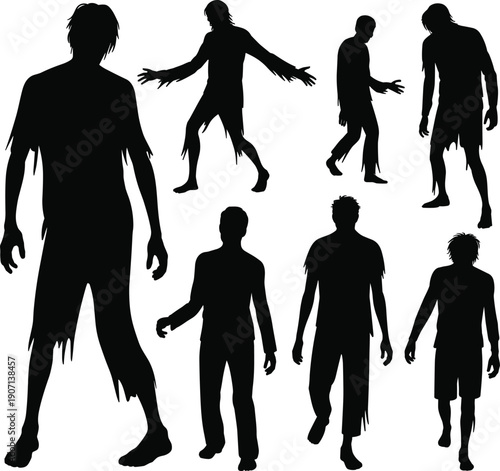 Set of black silhouettes of scary zombies walking and standing in tattered clothes isolated on white background, concept of apocalypse, horror, and Halloween undead