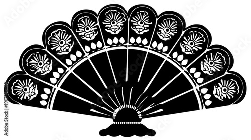 A detailed monochrome illustration of a decorative fan, featuring intricate floral designs on each panel