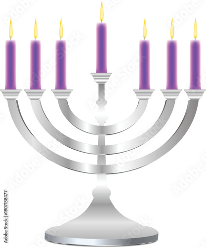 Hebrew Jewish Kabbalistic candelabrum in gleaming silver with 7 lit purple candles. Mystical symbol of spiritual light, esoteric menorah for Kabbalistic rituals and sacred decoration.