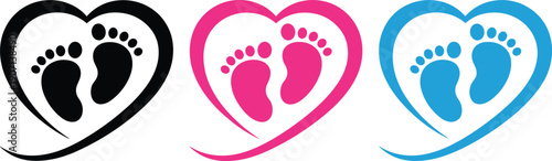 Baby footprints inside heart shape icons illustration, colorful vector love symbols for maternity, newborn, pregnancy, family care branding