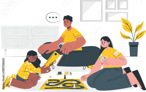 A family engaging in a collaborative puzzle activity together in a cozy living room environment from a high viewpoint