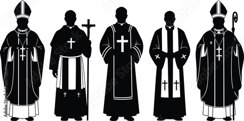 Set of black silhouettes representing Catholic priests, bishops, and clergy in traditional vestments with crosses and mitre hats isolated on white background for religious design