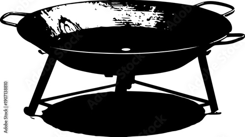 A black and white illustration of a round cooking grill with a tripod base and handles
