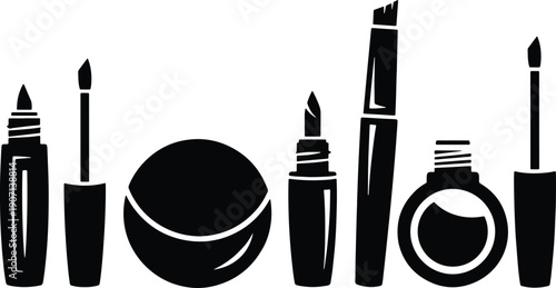 Black silhouette vector set of lipstick, lip gloss, cosmetic cream jar and applicator packaging icons