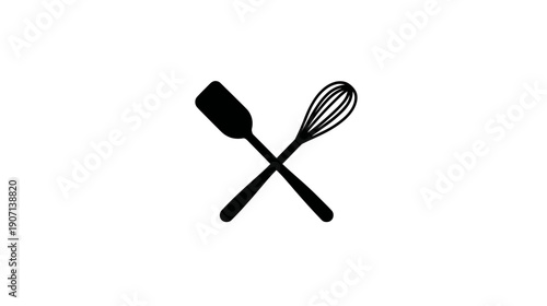 A black silhouette of a spatula crossed with a whisk, set against a pristine white background