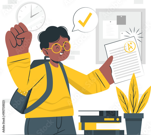 Illustration of a student proudly holding a graded paper with a high score in a modern educational setting with a clock and plants nearby