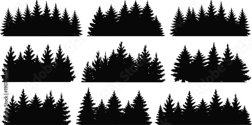 Set of forest tree silhouettes with evergreen pine and spruce woodland borders, natural landscape elements isolated on white background for design and decoration use