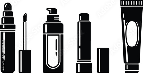 Black silhouette vector set of lipstick, lip gloss, pump bottle and cosmetic squeeze tube icons