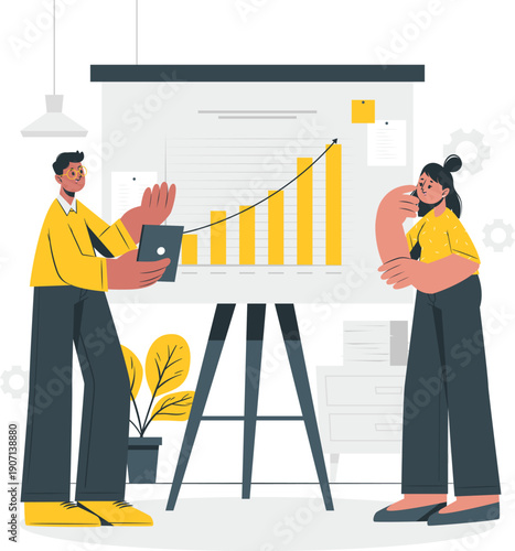 Two professionals analyzing a graph on a presentation board in a modern office setting from a slight overhead viewpoint