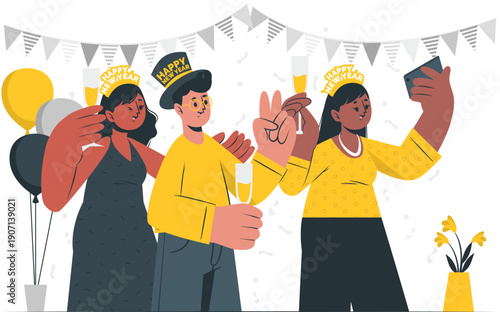 Three friends celebrating a party, taking selfies and enjoying togetherness in a festive atmosphere with decorations and joyful expressions