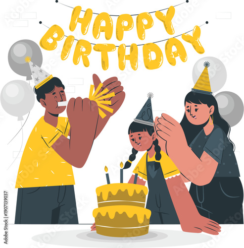 Family Celebrating Birthday with Cake and Balloons Illustration