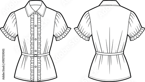 Women blouse technical drawing front and back view with ruffle details, fashion apparel template, garment outline, clothing design illustration isolated on white background