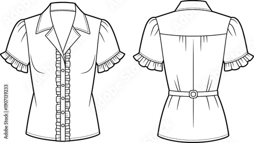 Women blouse technical fashion drawing with ruffle front detail, belt waist design, short sleeve apparel template, garment outline front and back view illustration