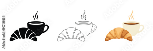International Food French Croissant and Coffee Cup, detailed vector artwork showing traditional French croissant with steaming coffee cup, breakfast illustration, cafe menu design, pastry shop visuals