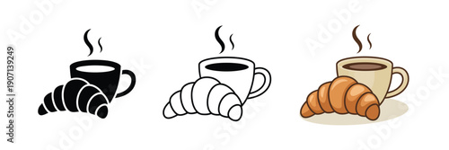 International Food French Croissant and Coffee Cup, vector illustration featuring classic French breakfast items, croissant pastries, hot coffee beverage, bakery concepts, cafe culture