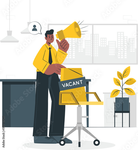 Man standing in office holding megaphone near vacant chair, announcing job opportunity from standing viewpoint.