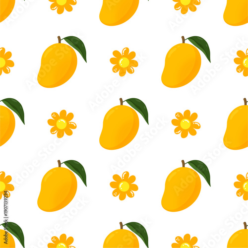 Vector seamless pattern with mango fruits. Summer tropical fruits on a white background. 
