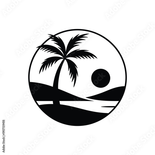 Minimalist tropical scene featuring a palm tree and setting sun