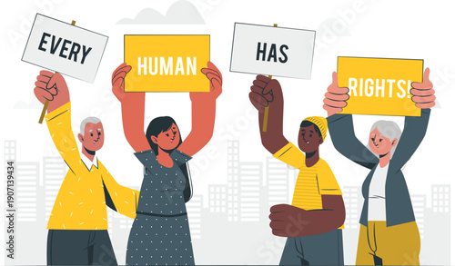 Diverse group of people holding signs that read every human has rights in a cityscape illustration