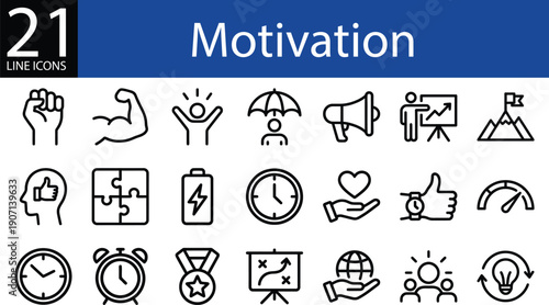 Motivation line icon collection in outline style, strength, success, teamwork, ideas, and achievement