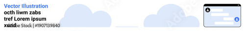 Cloud technology, online storage, data security, digital communication, user interface, remote access. Two clouds and a digital user interface window. Cloud technology and online storage concept